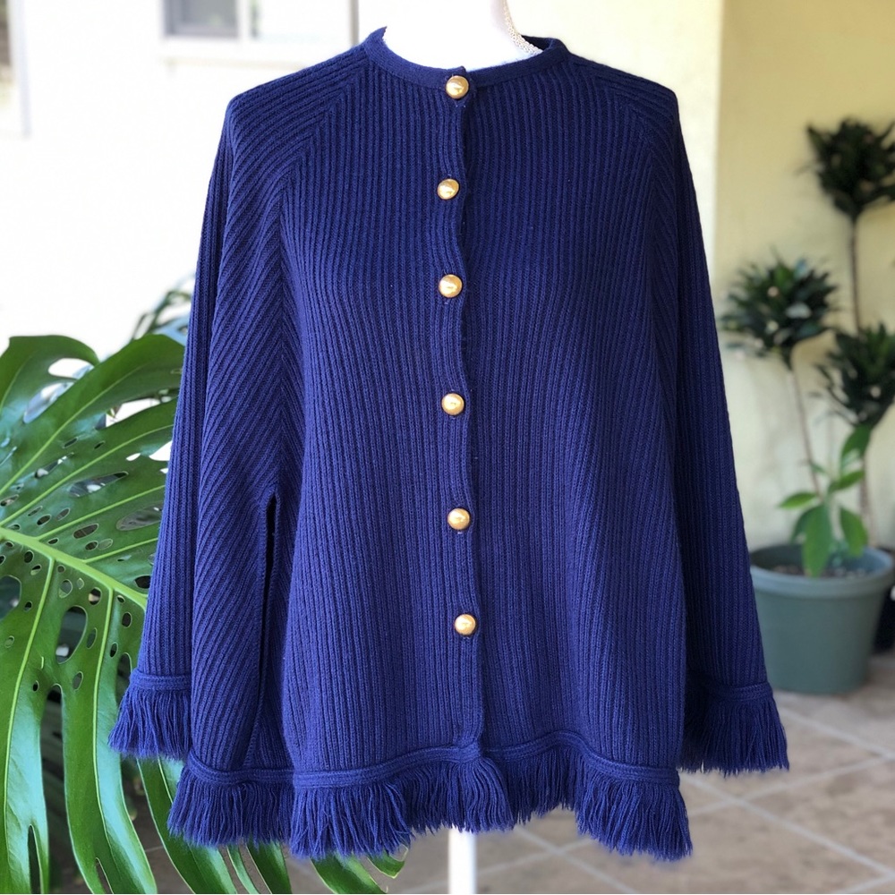 Vintage Blue Swing Poncho with Gold Buttons - OS